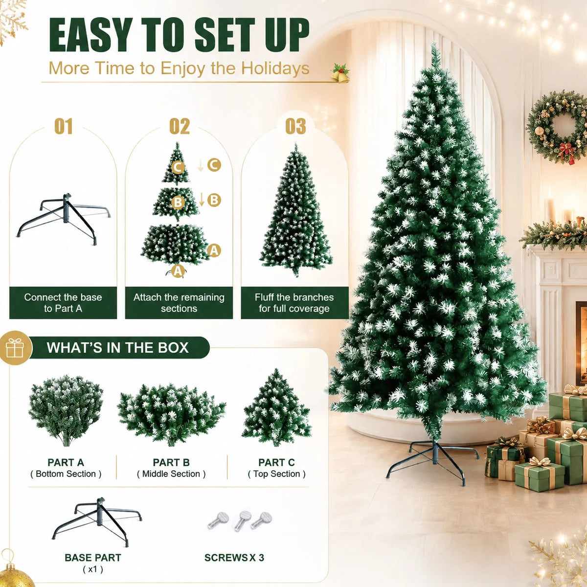 7FT Frosted Artificial Christmas Tree, Unlit Flocked Snow Pine Tree with Metal Stand & Christmas Tree Skirt, Fire Resistant PVC Holiday Xmas Tree for Home, Party, Shop Indoor Decor