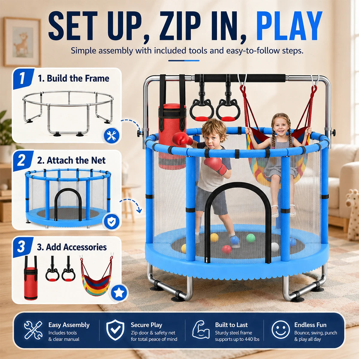 Multifunctional Kids Indoor Trampoline With Safety Net And Accessories