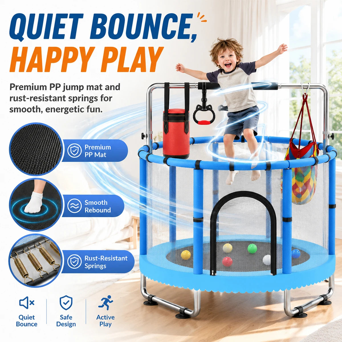 Multifunctional Kids Indoor Trampoline With Safety Net And Accessories