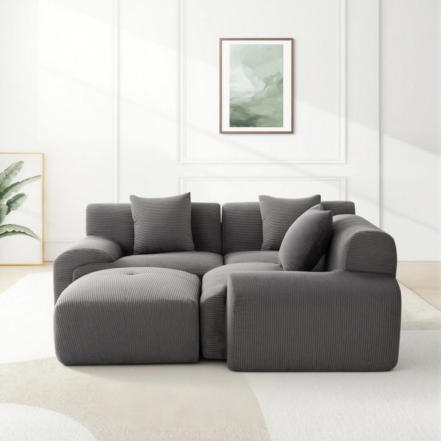 Modern Modular Corduroy Sectional Sofa Set With Ottoman For Living Room