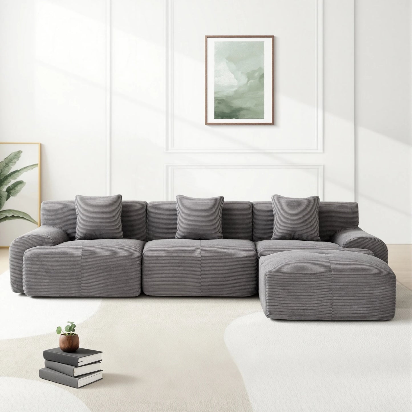 Modern Modular Corduroy Sectional Sofa Set With Ottoman For Living Room