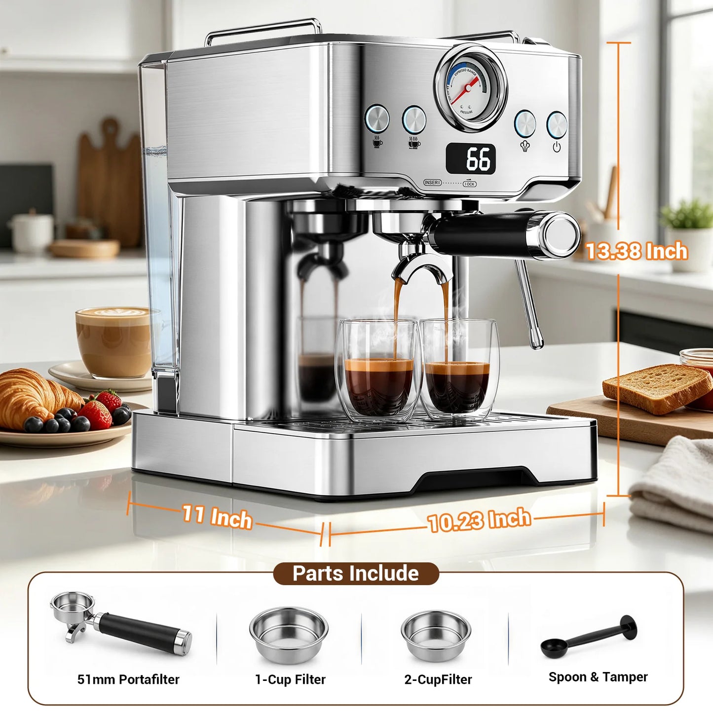 Ultra Espresso Machine, Barista Espresso Maker with Steam Wand | LCD Display, Custom Brew Temp, Latte & Cappuccino Machine, 20-Bar Pump, Powerful Steam Wand, 1.8L Removable Water Tank