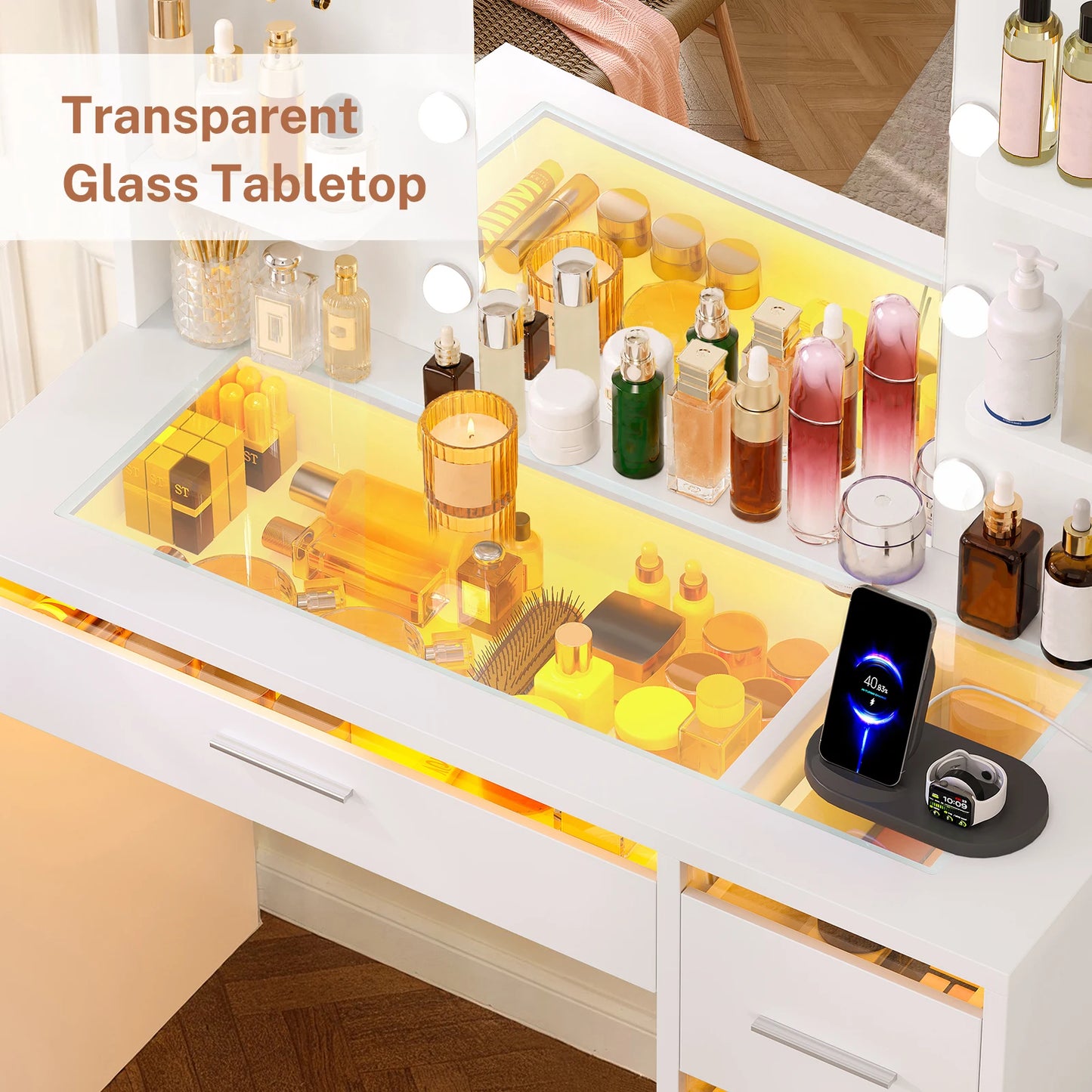 Makeup Vanity Desk with Lighted Mirror and Charging Station, Makeup Vanity with Glass Tabletop, 4 Drawers & 4 Storage Shelves, for Bedroom, White