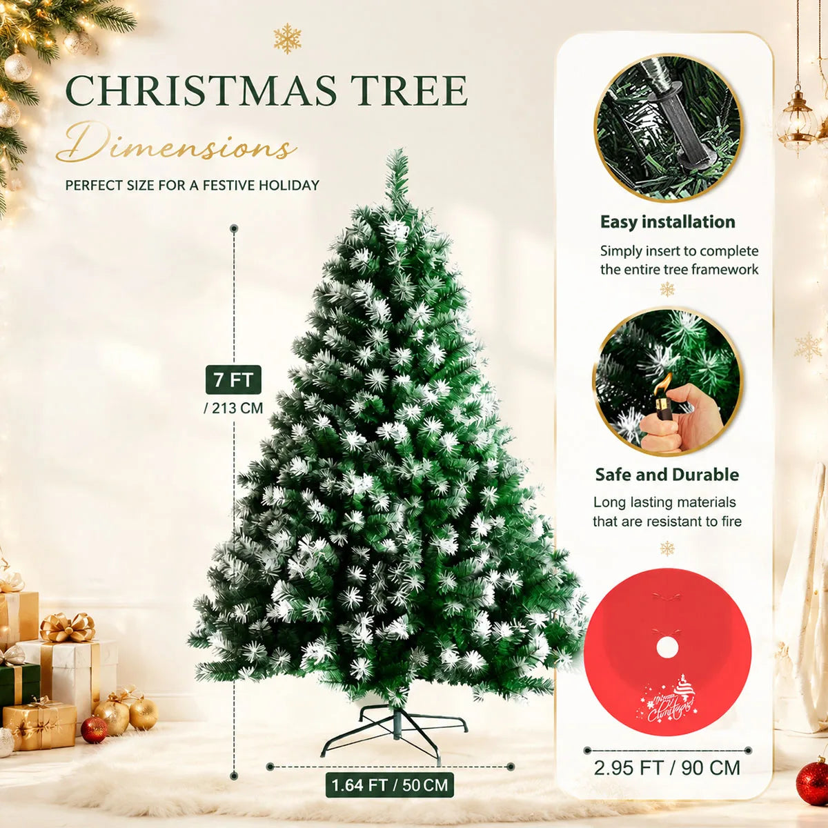 7FT Frosted Artificial Christmas Tree, Unlit Flocked Snow Pine Tree with Metal Stand & Christmas Tree Skirt, Fire Resistant PVC Holiday Xmas Tree for Home, Party, Shop Indoor Decor