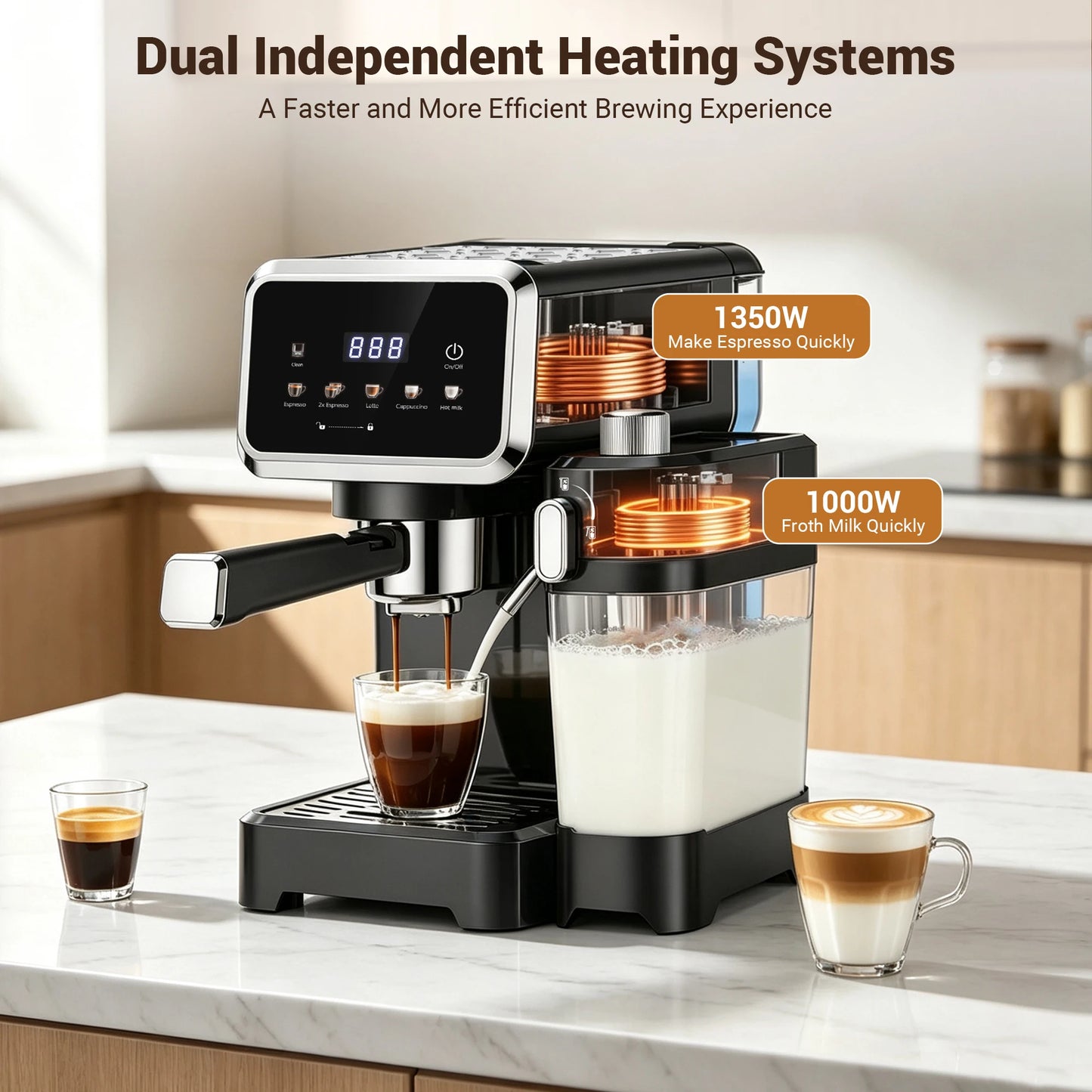 Espresso Machine with Color Touchscreen, 20 Bar Cappuccino Latte Machines with Automatic Milk Frother, Dual Boiler Stainless Steel Espresso Maker for Home, 1350W