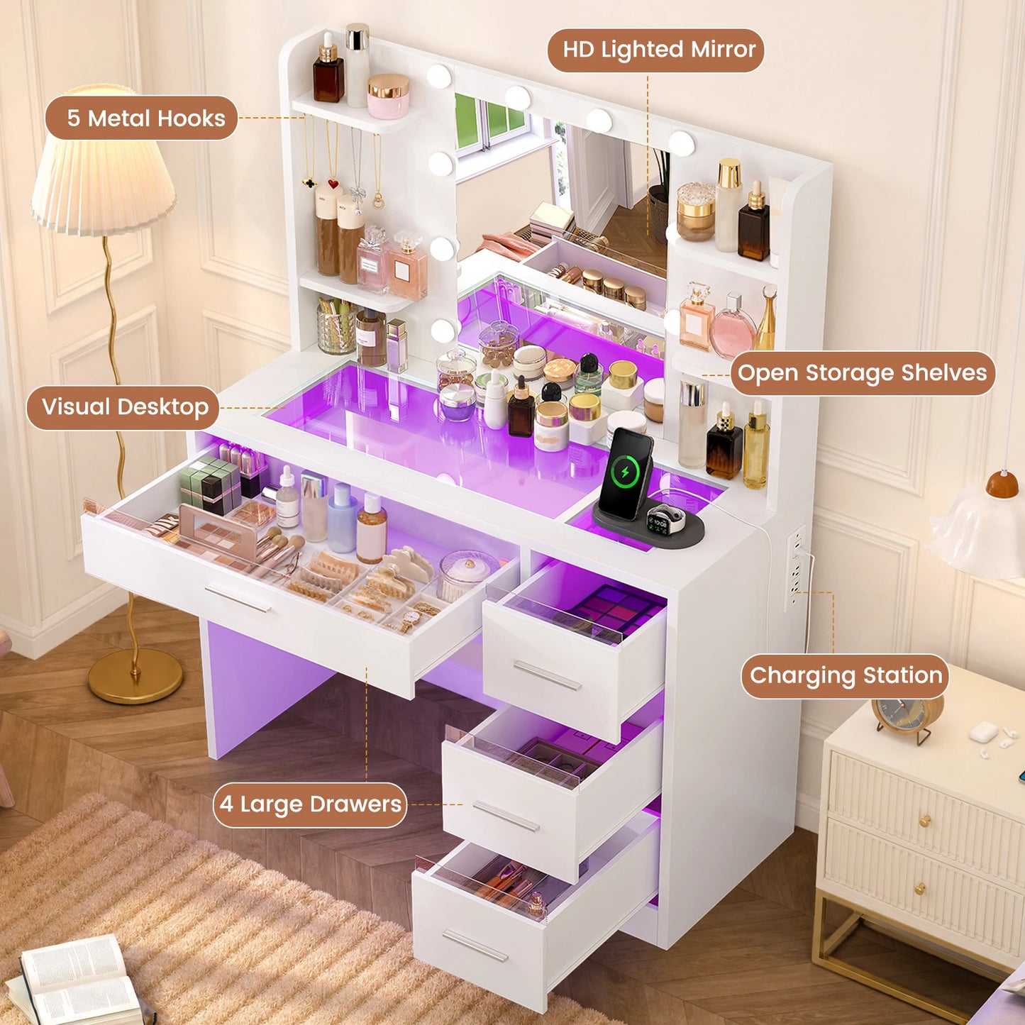 Makeup Vanity Desk with Lighted Mirror and Charging Station, Makeup Vanity with Glass Tabletop, 4 Drawers & 4 Storage Shelves, for Bedroom, White