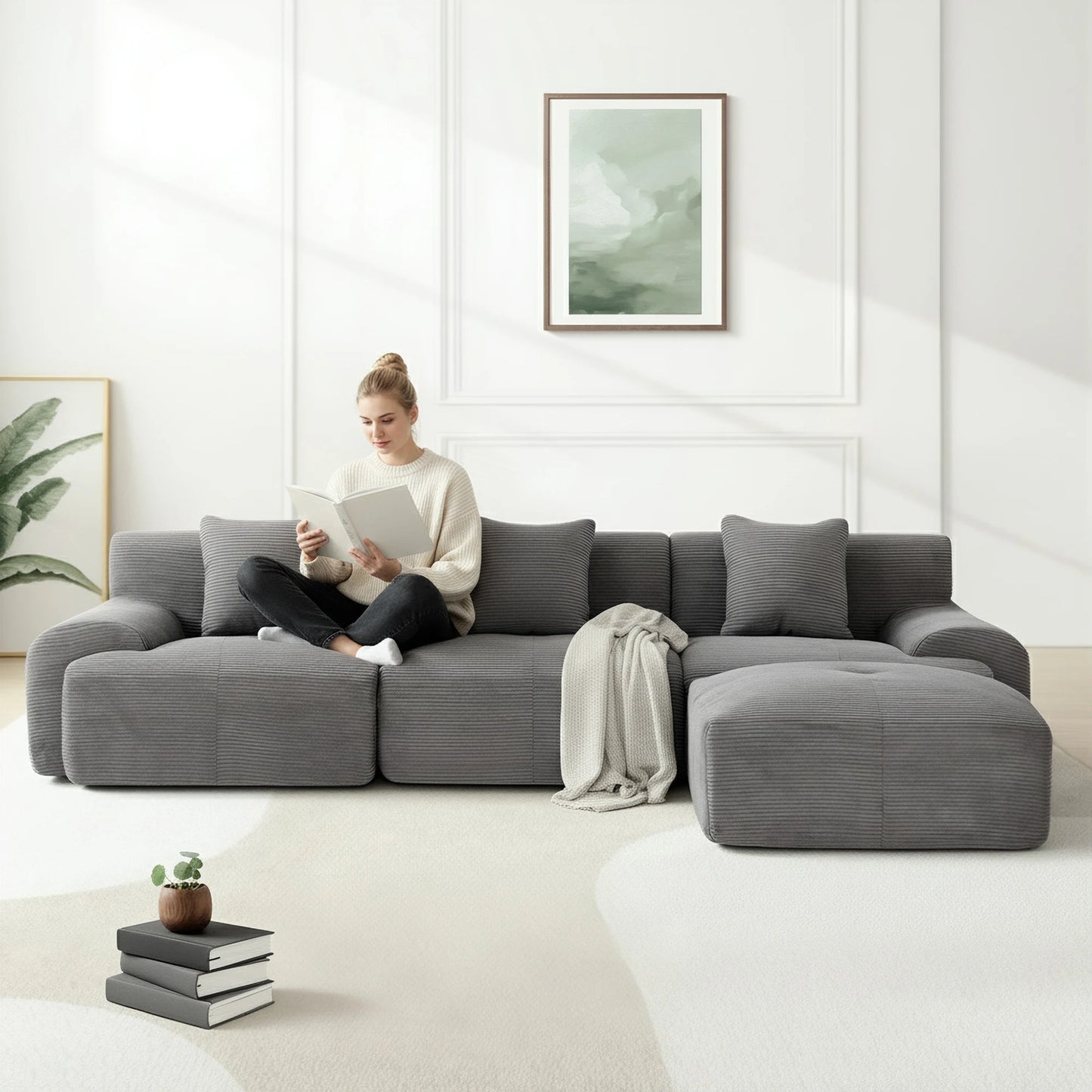 Modern Modular Corduroy Sectional Sofa Set With Ottoman For Living Room