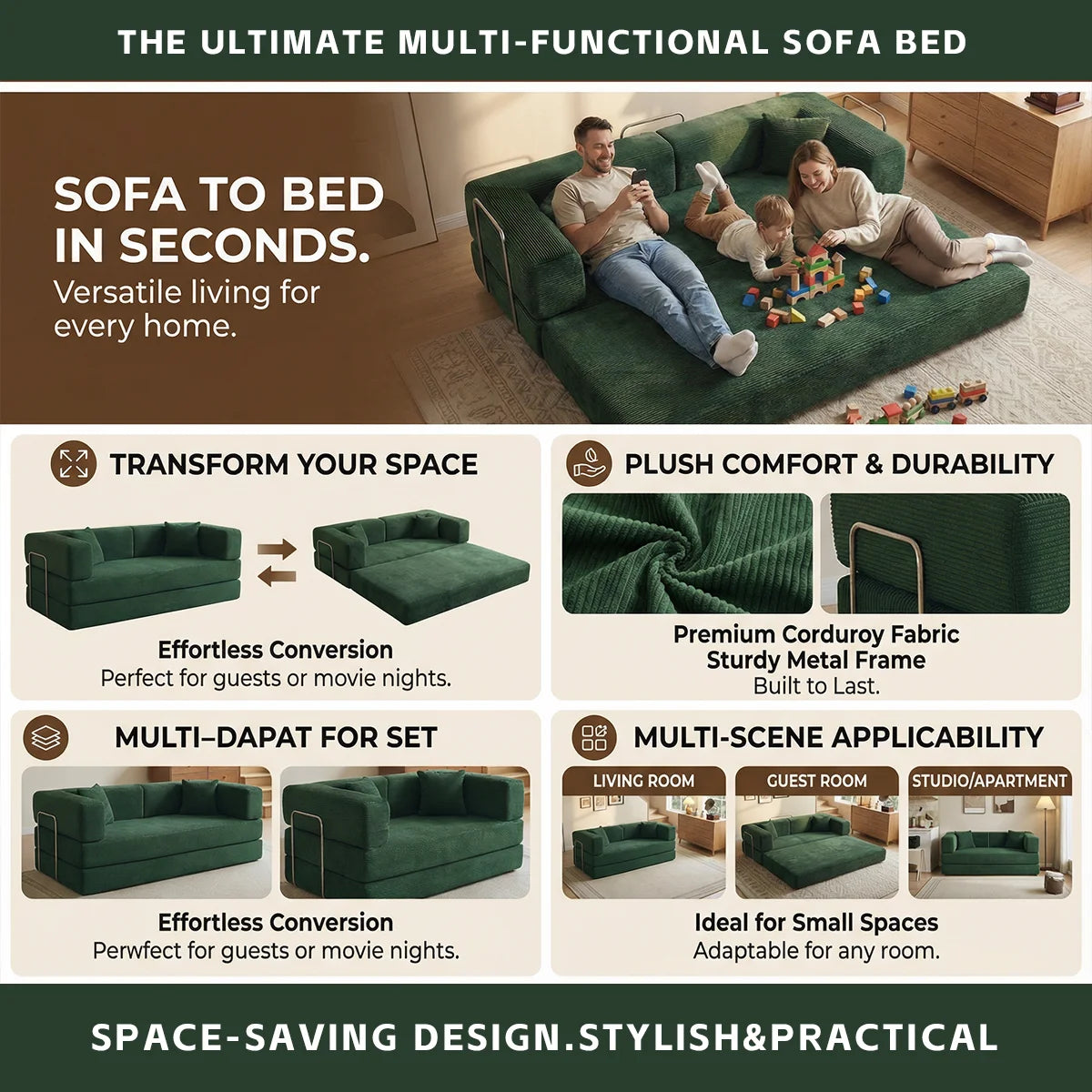 YQzyphyna Futon Sofa Bed Convertible 4 In 1 Corduroy Sleeper Loveseat