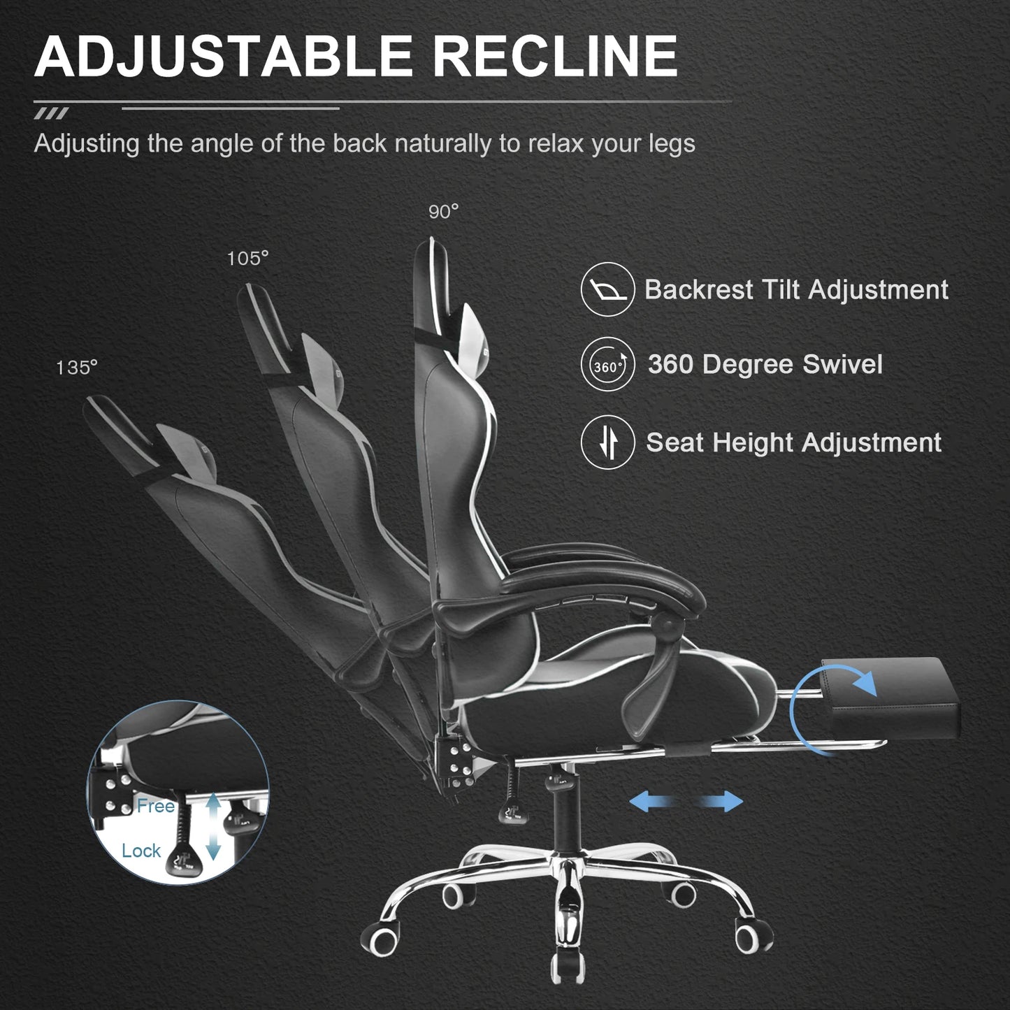 GTPLAYER Gaming Chair With Footrest Lumbar Support Adjustable Height