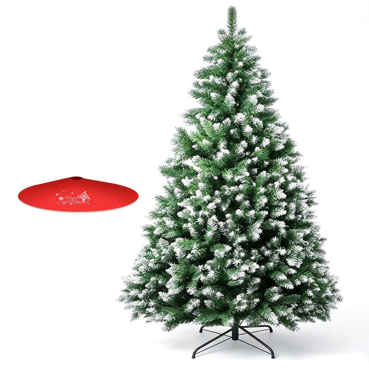7FT Frosted Artificial Christmas Tree, Unlit Flocked Snow Pine Tree with Metal Stand & Christmas Tree Skirt, Fire Resistant PVC Holiday Xmas Tree for Home, Party, Shop Indoor Decor