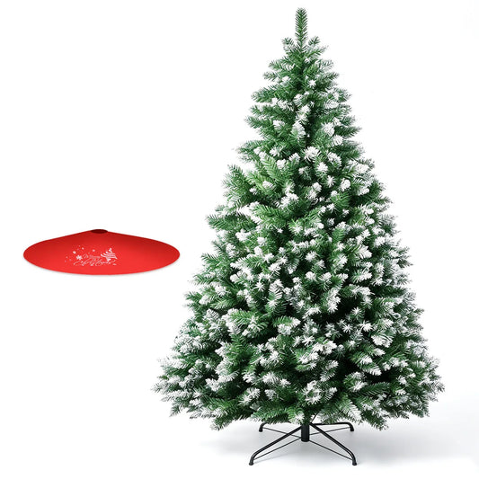 7FT Frosted Artificial Christmas Tree, Unlit Flocked Snow Pine Tree with Metal Stand & Christmas Tree Skirt, Fire Resistant PVC Holiday Xmas Tree for Home, Party, Shop Indoor Decor