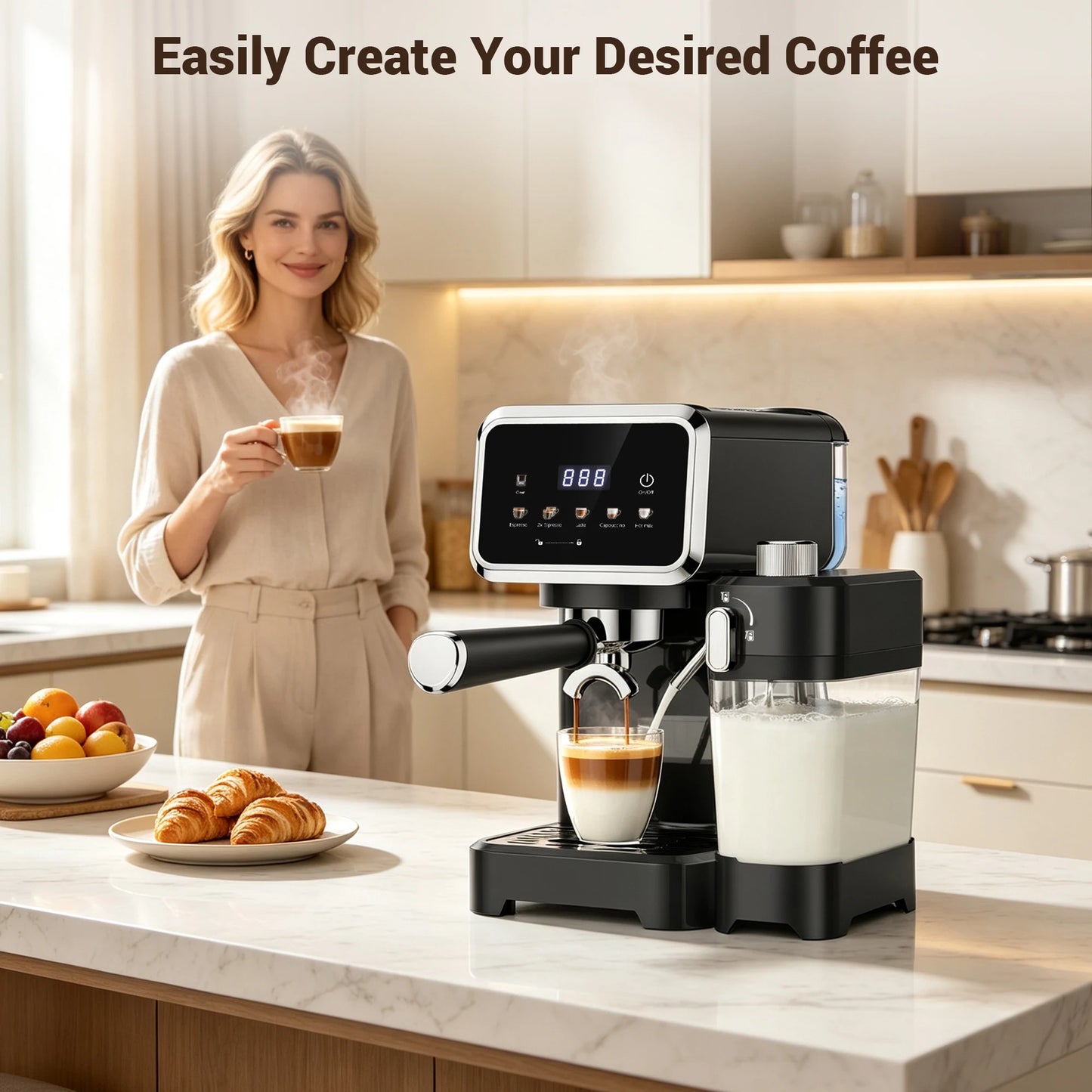 Espresso Machine with Color Touchscreen, 20 Bar Cappuccino Latte Machines with Automatic Milk Frother, Dual Boiler Stainless Steel Espresso Maker for Home, 1350W