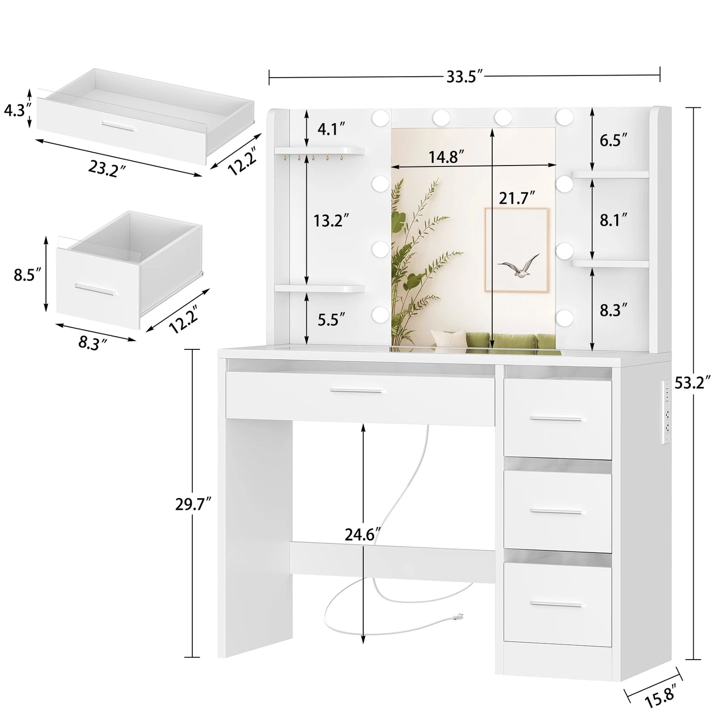 Makeup Vanity Desk with Lighted Mirror and Charging Station, Makeup Vanity with Glass Tabletop, 4 Drawers & 4 Storage Shelves, for Bedroom, White