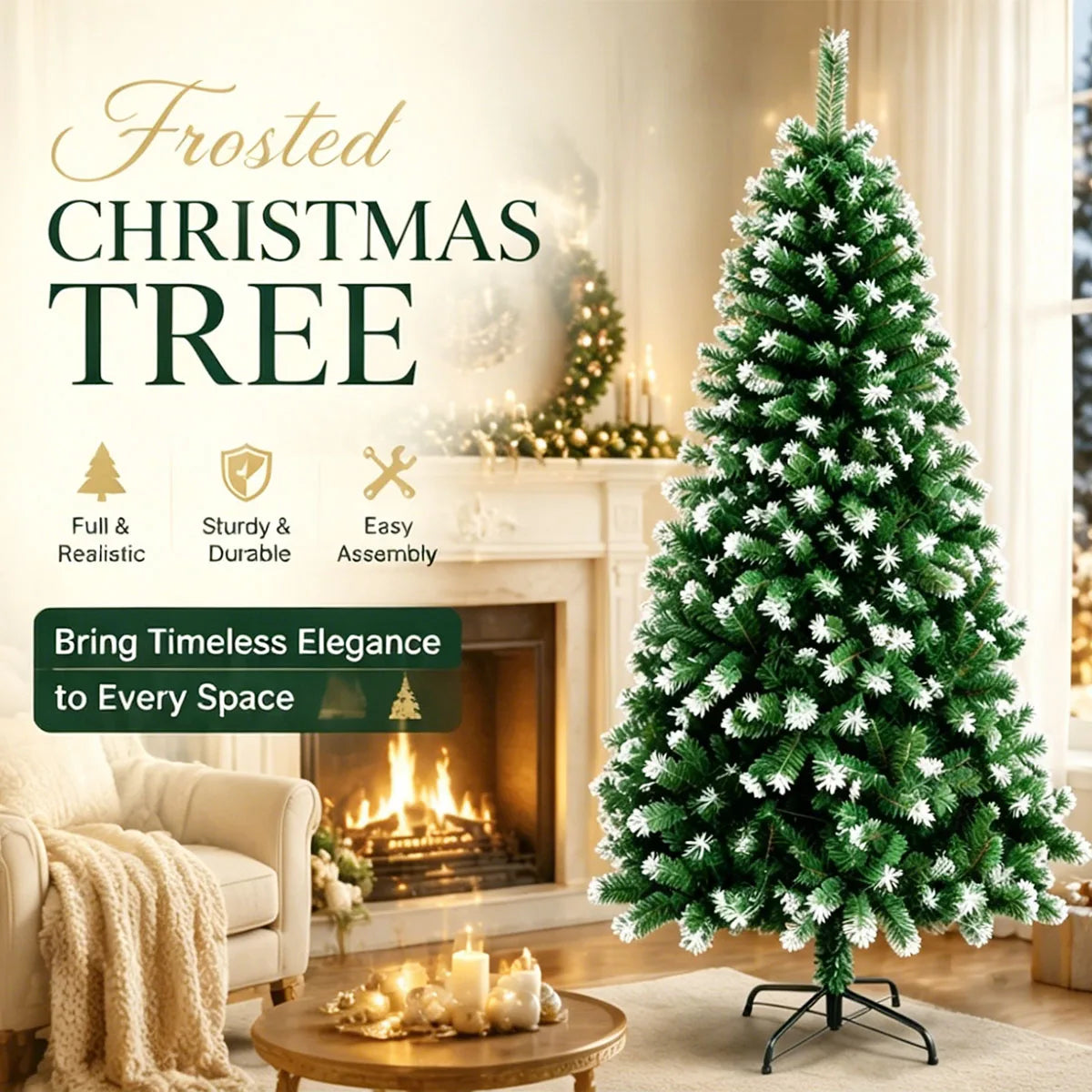 7FT Frosted Artificial Christmas Tree, Unlit Flocked Snow Pine Tree with Metal Stand & Christmas Tree Skirt, Fire Resistant PVC Holiday Xmas Tree for Home, Party, Shop Indoor Decor