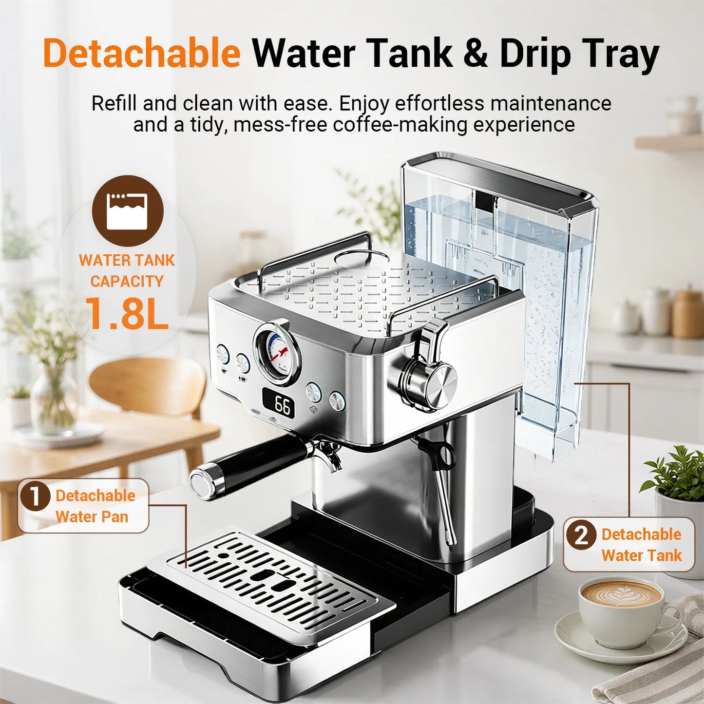 Ultra Espresso Machine, Barista Espresso Maker with Steam Wand | LCD Display, Custom Brew Temp, Latte & Cappuccino Machine, 20-Bar Pump, Powerful Steam Wand, 1.8L Removable Water Tank