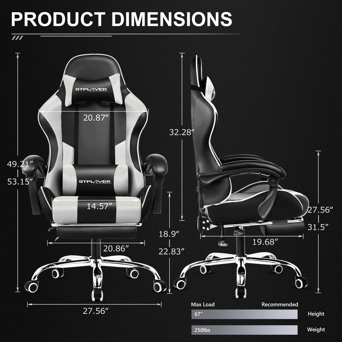 GTPLAYER Gaming Chair With Footrest Lumbar Support Adjustable Height