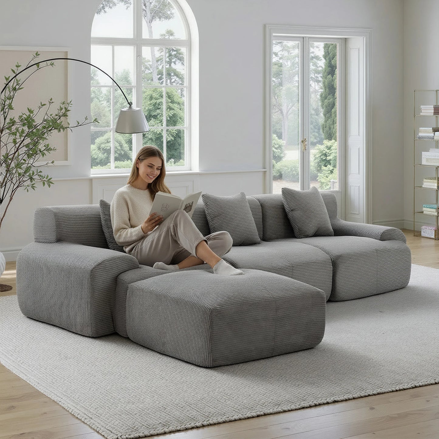 Modern Modular Corduroy Sectional Sofa Set With Ottoman For Living Room