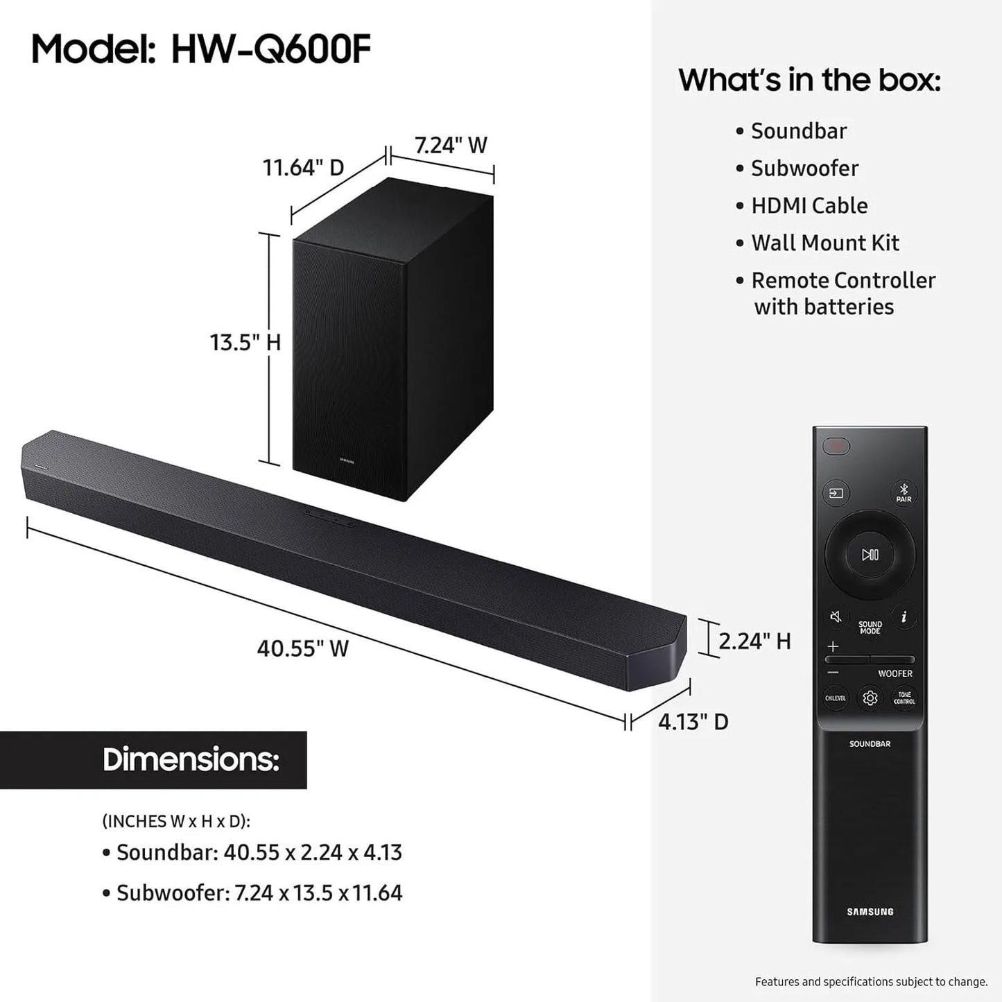 Samsung HW-Q600F/ZP Q-Series 3.1.2CH Soundbar with Subwoofer, Black, Dolby Atmos, Wireless Home Theater System