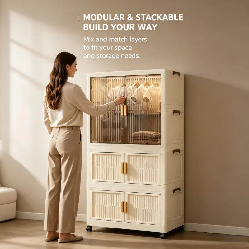 Onenoble Foldable Wardrobe With Transparent Door And Wheels