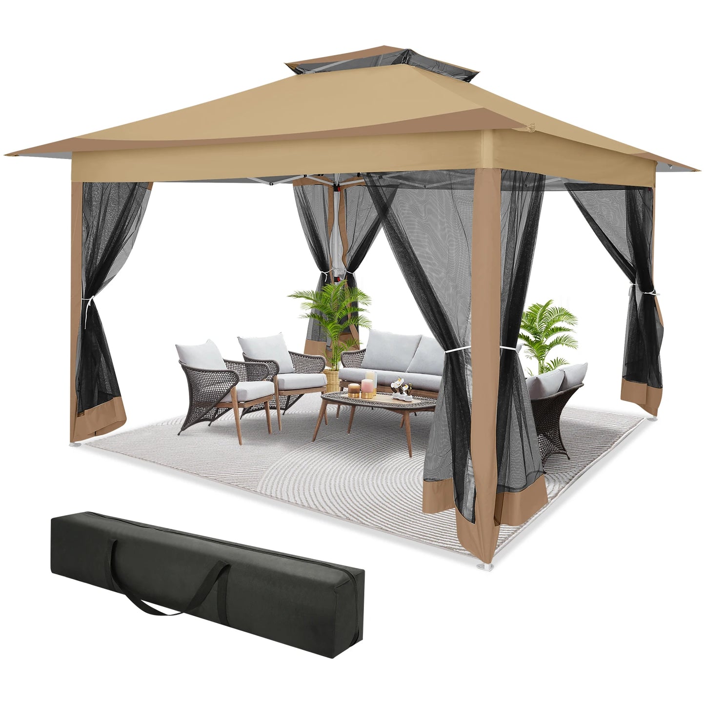 12x12ft Pop Up Gazebo Canopy Tent Easy Set Up Outdoor Portable Pavilion Sunshade Shelter With Mosquito Nettings & Sidewalls Double Vented Roof And Carry Bag For Patio Garden Lawn 3 Height Adjustable