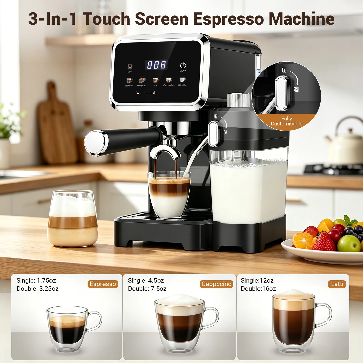 Espresso Machine with Color Touchscreen, 20 Bar Cappuccino Latte Machines with Automatic Milk Frother, Dual Boiler Stainless Steel Espresso Maker for Home, 1350W