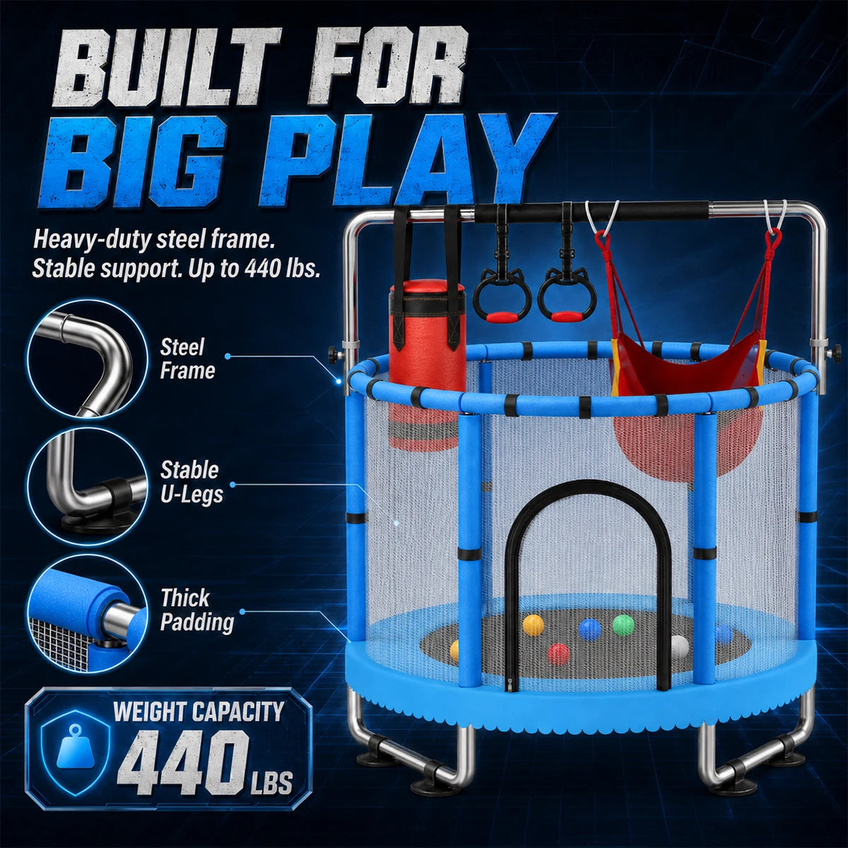 Multifunctional Kids Indoor Trampoline With Safety Net And Accessories