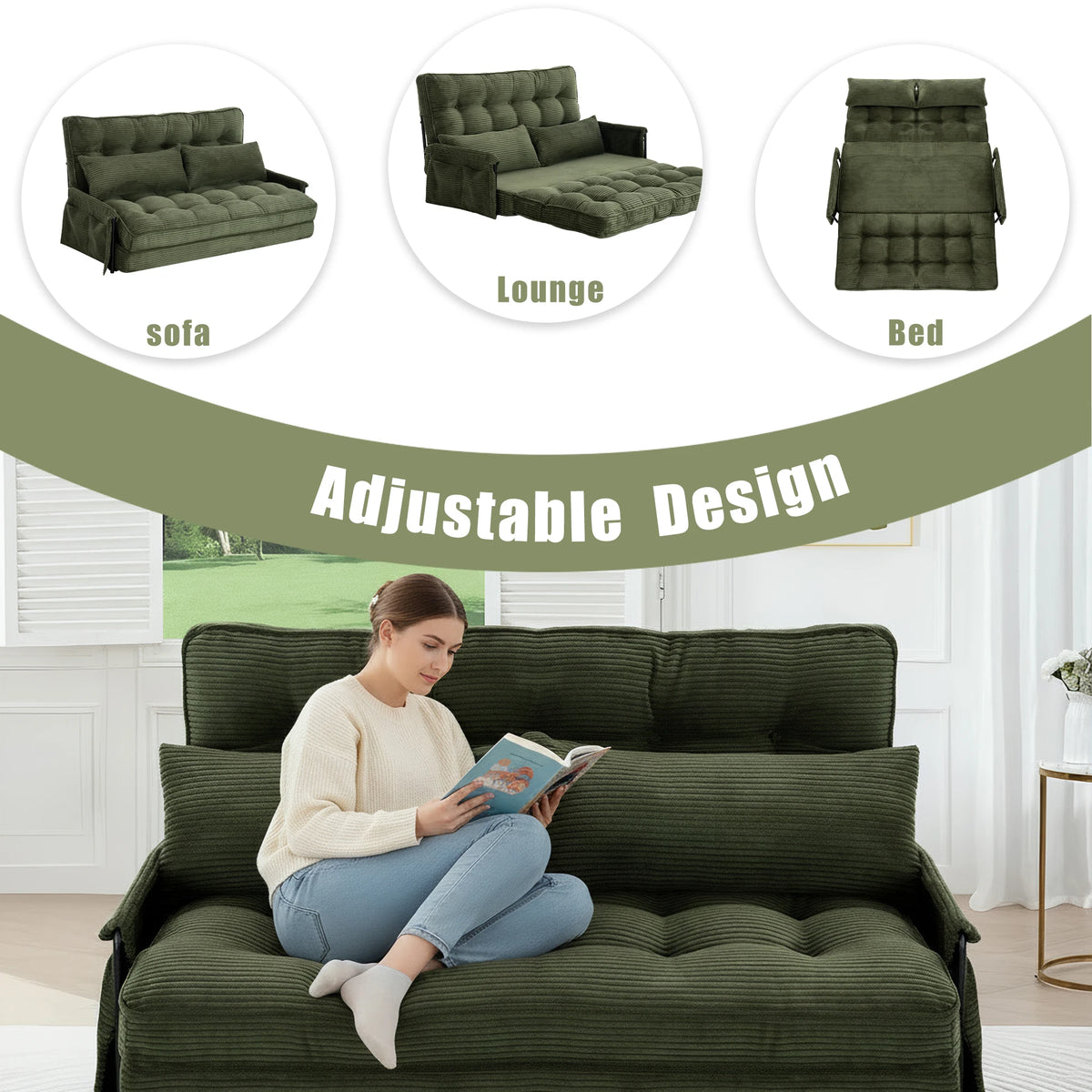 GAOHAPY Double Corduroy Foldable Sleeper Sofa With Side Pocket