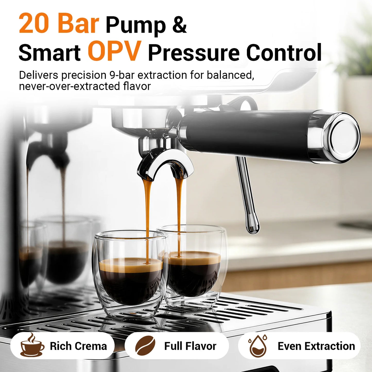 Ultra Espresso Machine, Barista Espresso Maker with Steam Wand | LCD Display, Custom Brew Temp, Latte & Cappuccino Machine, 20-Bar Pump, Powerful Steam Wand, 1.8L Removable Water Tank