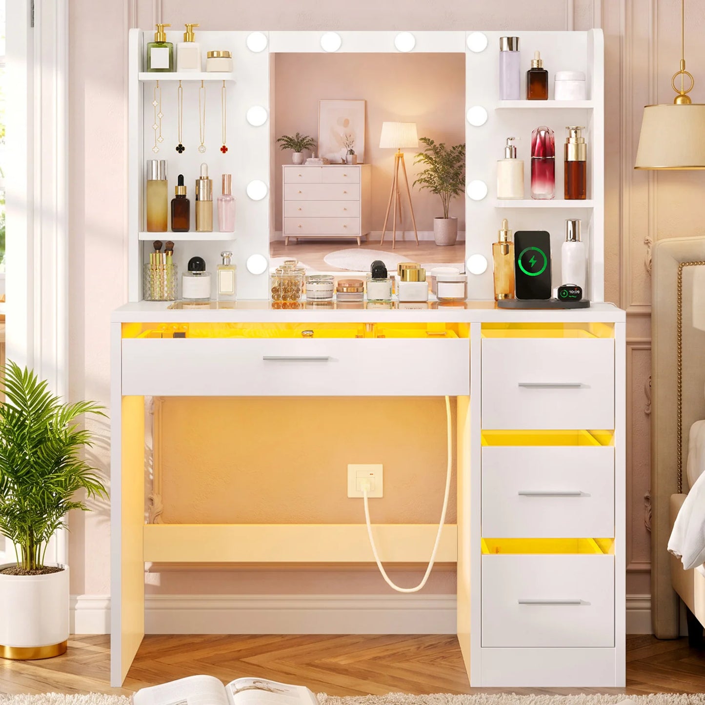 Makeup Vanity Desk with Lighted Mirror and Charging Station, Makeup Vanity with Glass Tabletop, 4 Drawers & 4 Storage Shelves, for Bedroom, White