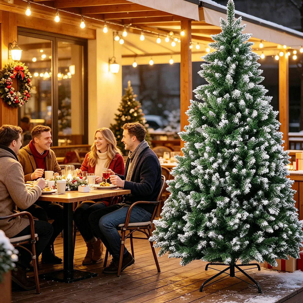 7FT Frosted Artificial Christmas Tree, Unlit Flocked Snow Pine Tree with Metal Stand & Christmas Tree Skirt, Fire Resistant PVC Holiday Xmas Tree for Home, Party, Shop Indoor Decor