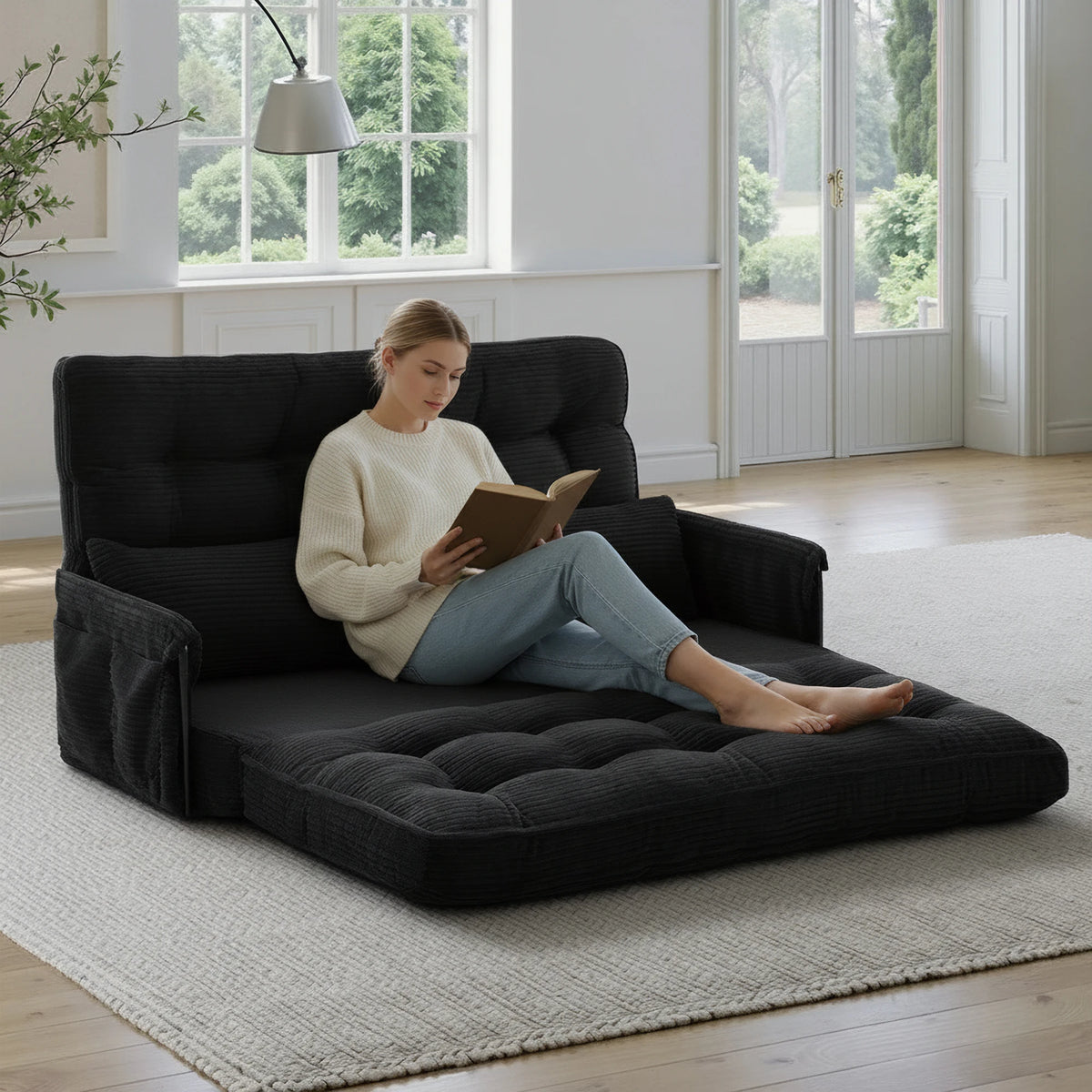 GAOHAPY Double Corduroy Foldable Sleeper Sofa With Side Pocket