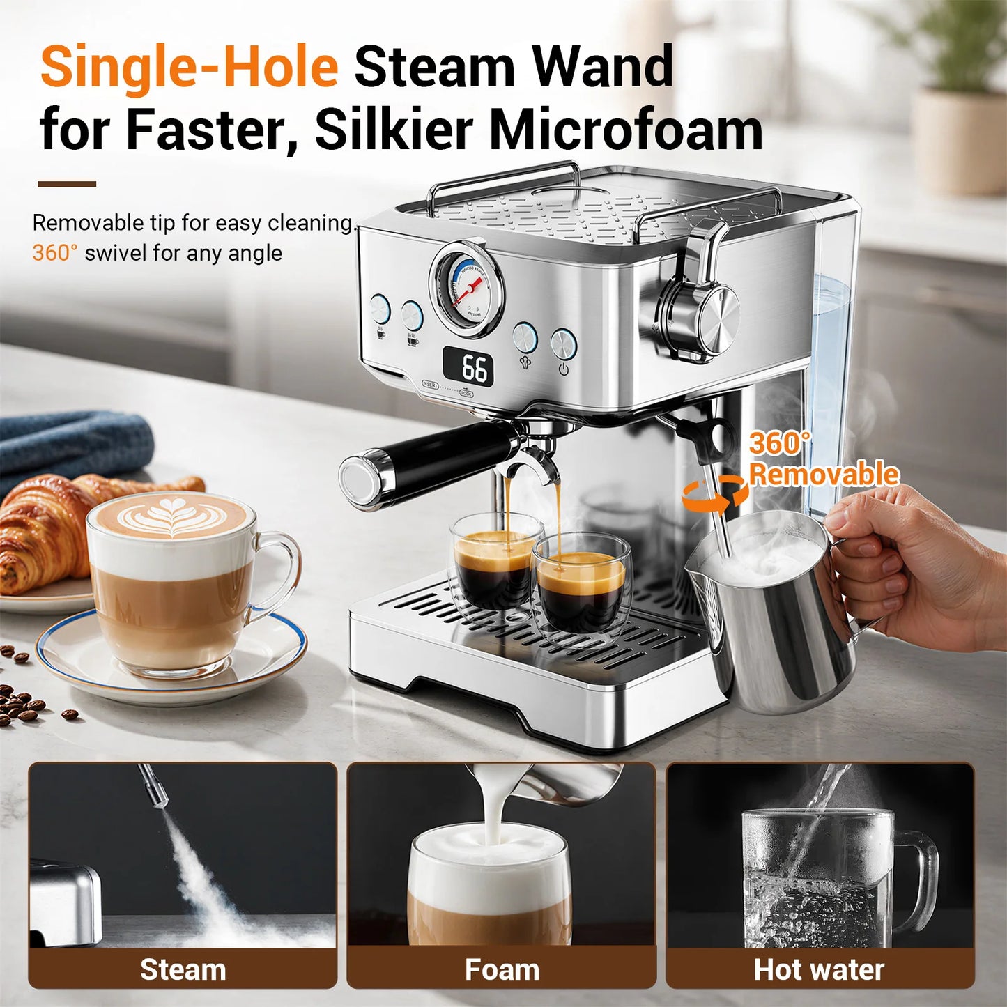 Ultra Espresso Machine, Barista Espresso Maker with Steam Wand | LCD Display, Custom Brew Temp, Latte & Cappuccino Machine, 20-Bar Pump, Powerful Steam Wand, 1.8L Removable Water Tank