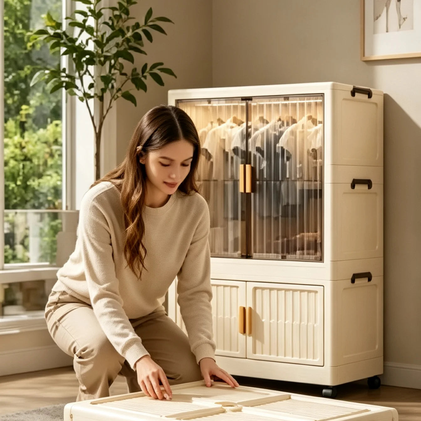 Onenoble Foldable Wardrobe With Transparent Door And Wheels