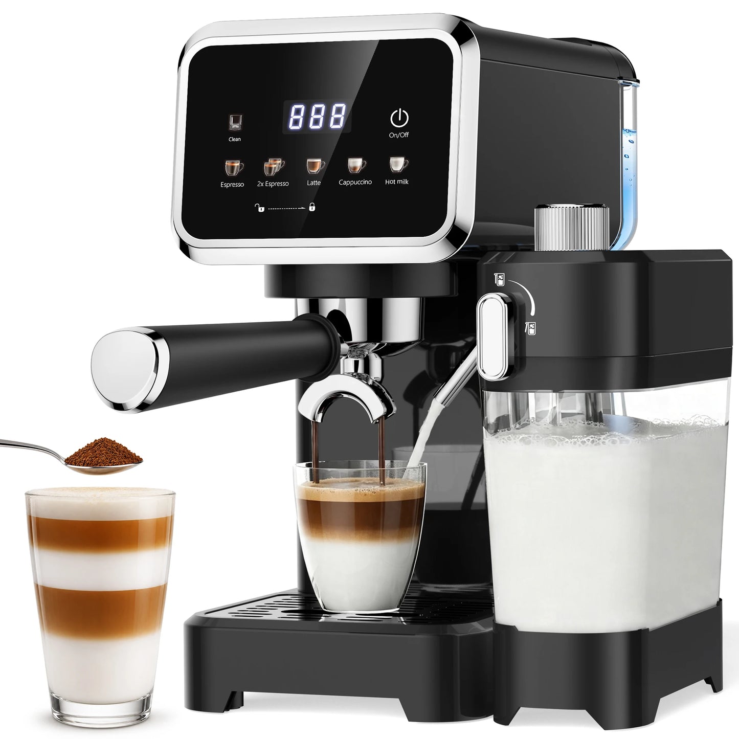 Espresso Machine with Color Touchscreen, 20 Bar Cappuccino Latte Machines with Automatic Milk Frother, Dual Boiler Stainless Steel Espresso Maker for Home, 1350W