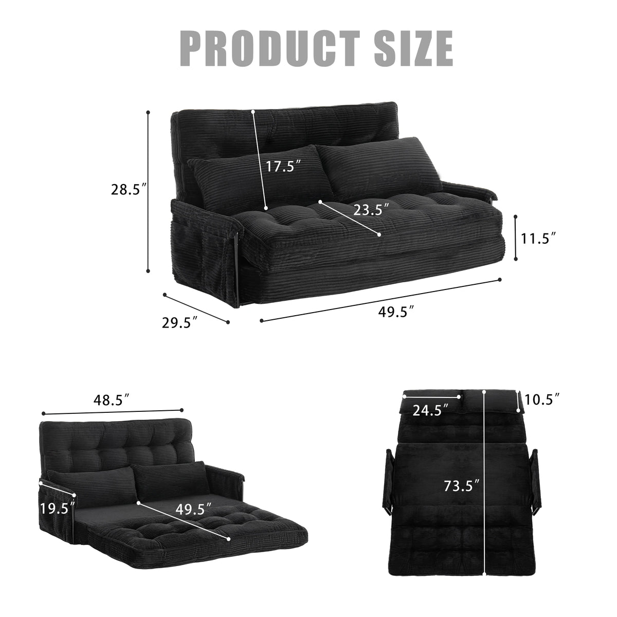 GAOHAPY Double Corduroy Foldable Sleeper Sofa With Side Pocket