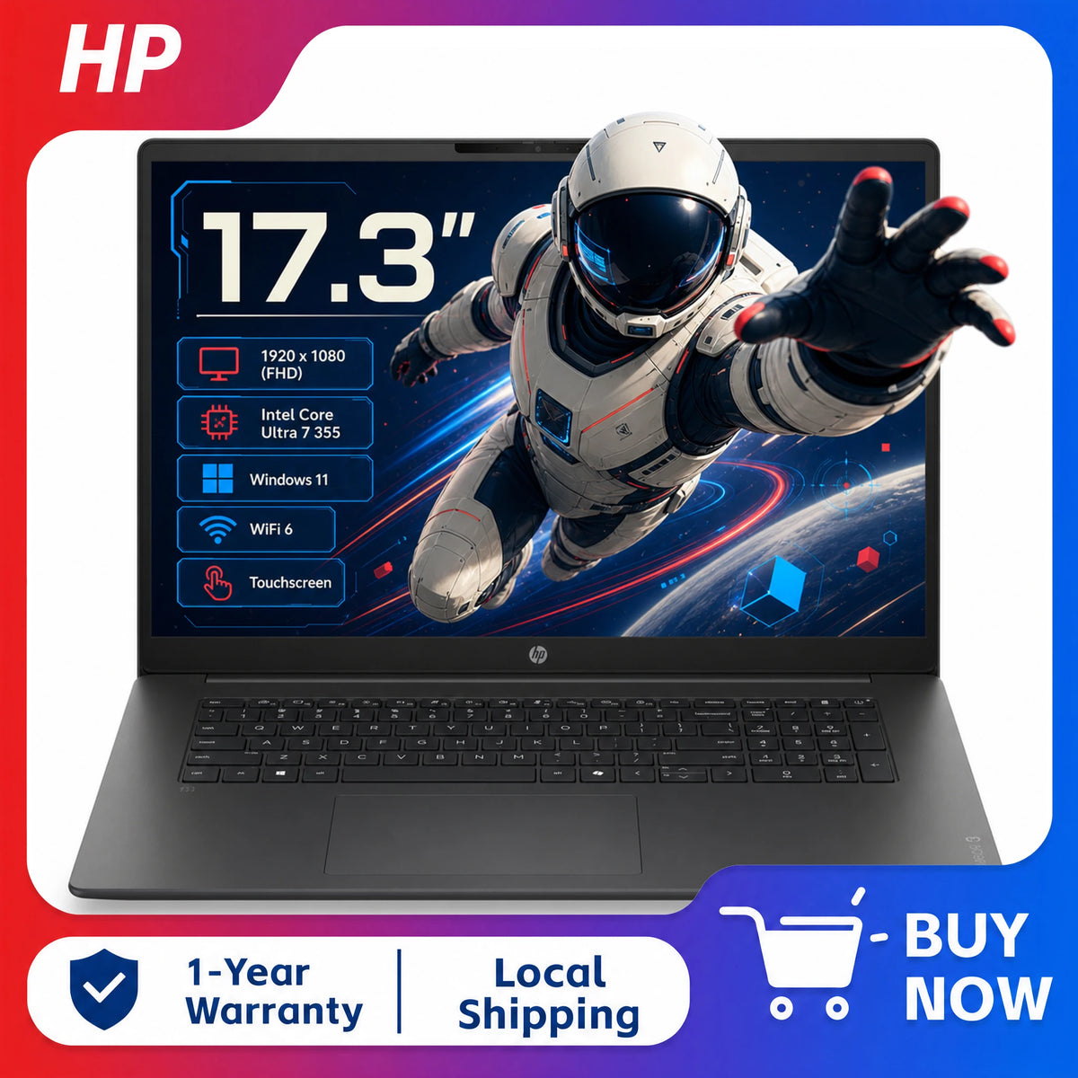 HP OmniBook 3 17.3" Full HD Touchscreen Laptop, Intel Core Ultra 7 355, Up to 64GB DDR5 RAM, 2TB SSD, Windows 11 Home