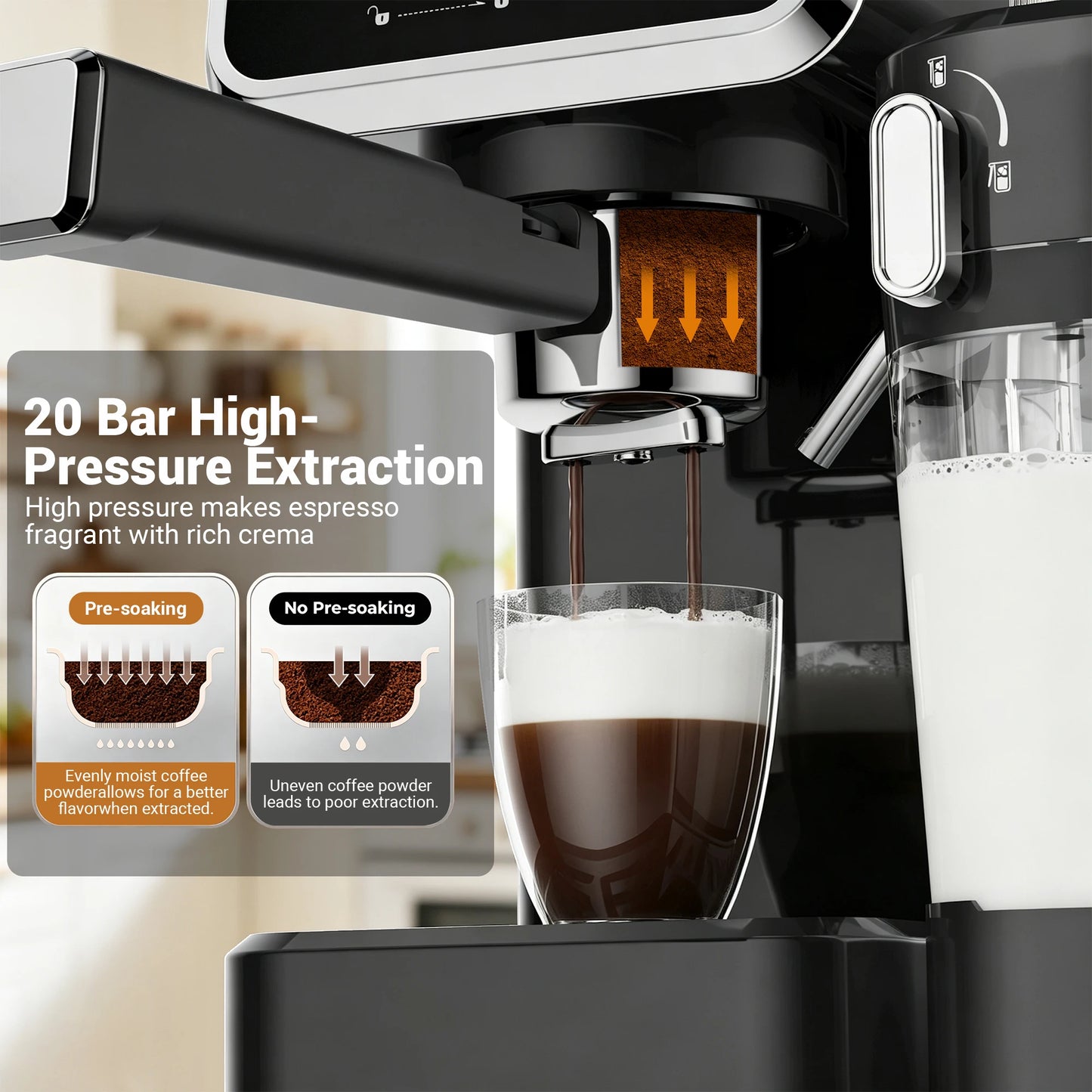 Espresso Machine with Color Touchscreen, 20 Bar Cappuccino Latte Machines with Automatic Milk Frother, Dual Boiler Stainless Steel Espresso Maker for Home, 1350W