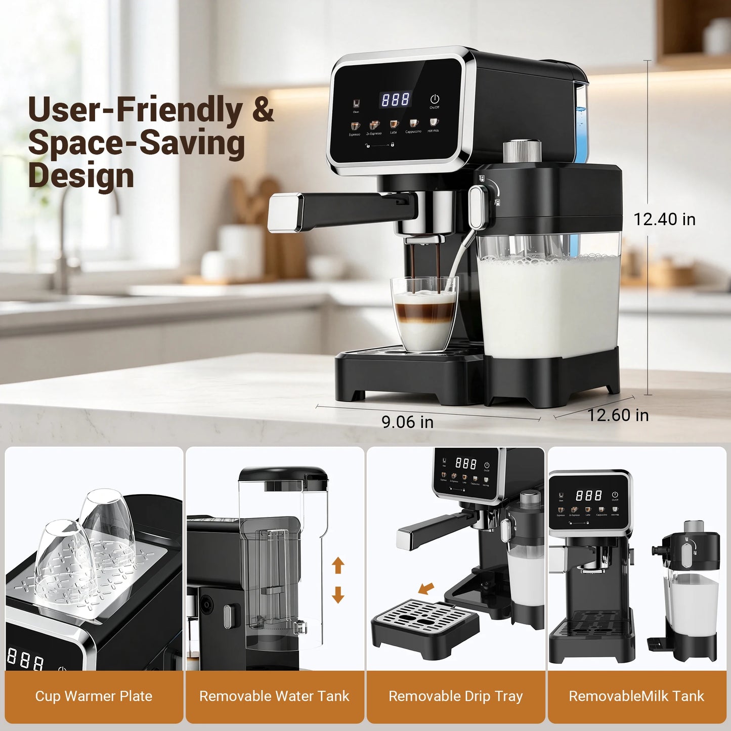 Espresso Machine with Color Touchscreen, 20 Bar Cappuccino Latte Machines with Automatic Milk Frother, Dual Boiler Stainless Steel Espresso Maker for Home, 1350W