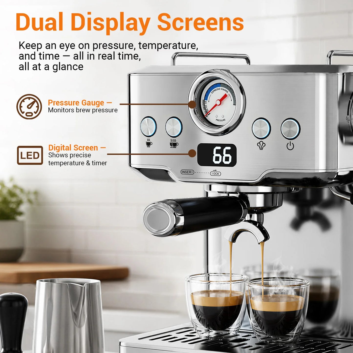 Ultra Espresso Machine, Barista Espresso Maker with Steam Wand | LCD Display, Custom Brew Temp, Latte & Cappuccino Machine, 20-Bar Pump, Powerful Steam Wand, 1.8L Removable Water Tank