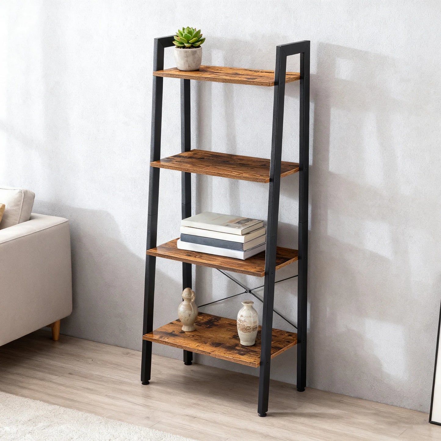 JHK 4-Tier Display Bookshelf Wooden Standing Shelf For Living Room