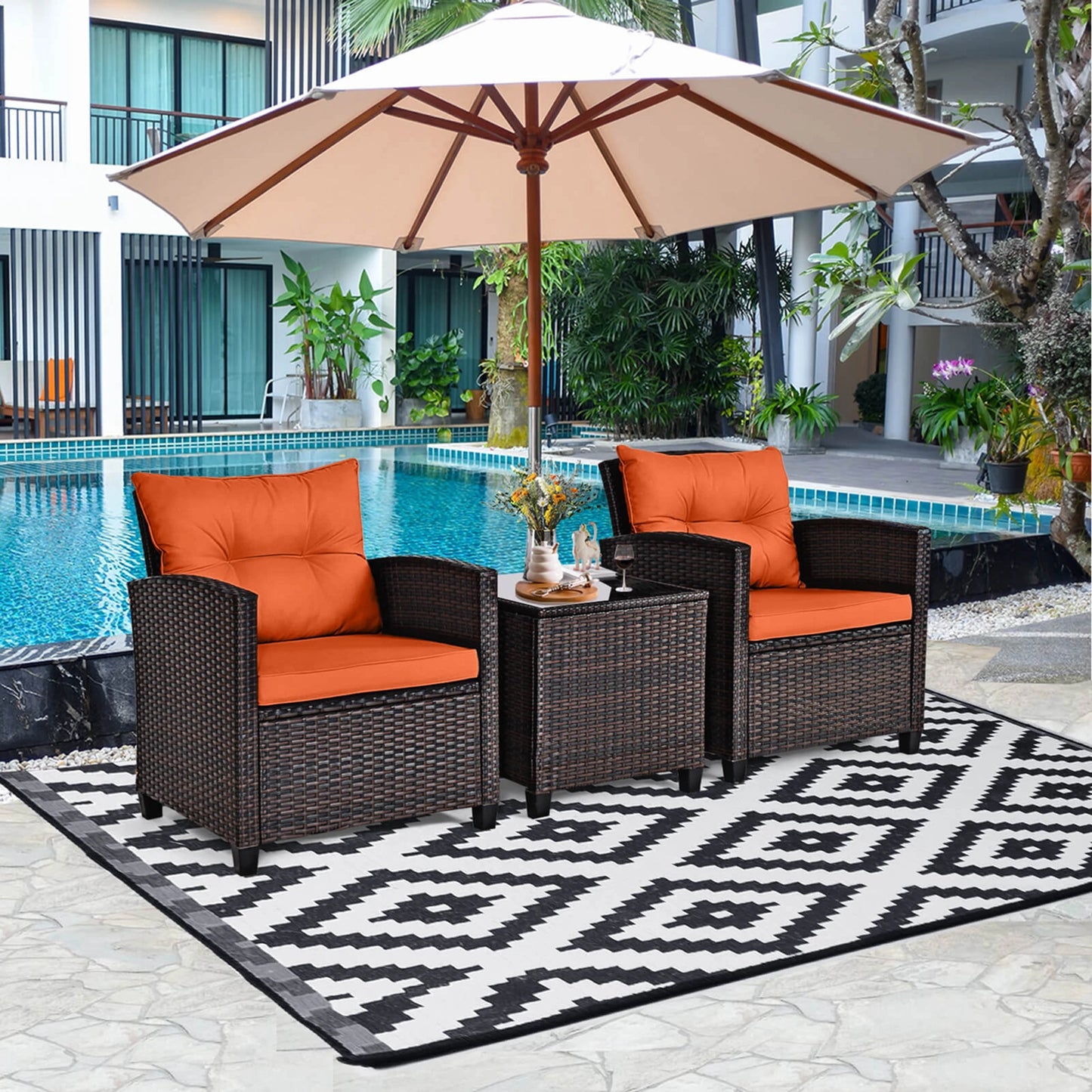 HOMASIS 3-Piece Cushioned Patio Rattan Conversation Set
