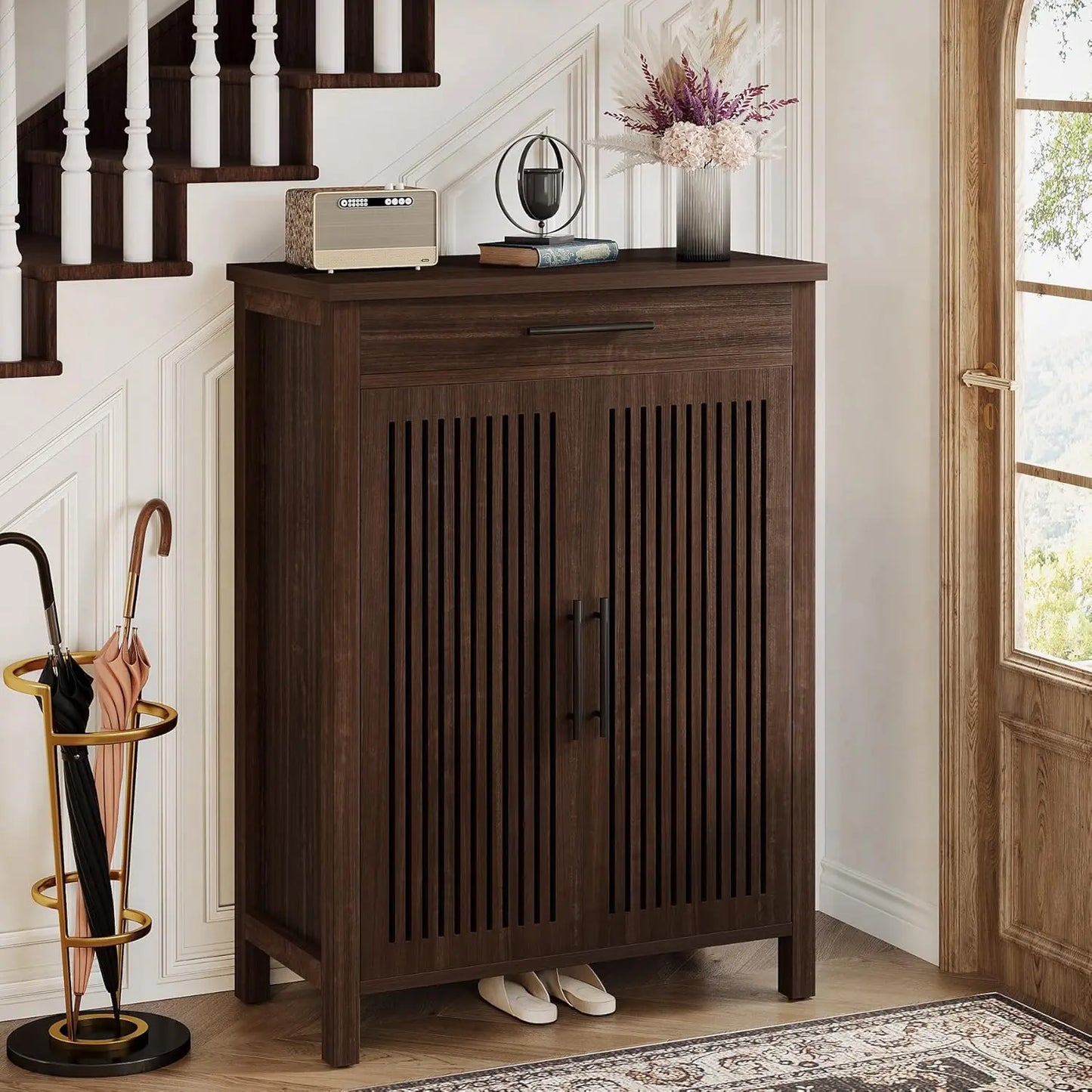 Little Tree 5-Tier Wooden Shoe Cabinet With Louvered Doors
