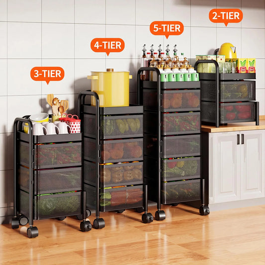 4/5-Tier Thickened Carbon Steel Rotating Storage Cart With Wheels, Mobile Produce Basket Utility Rack Organizer, No Assembly