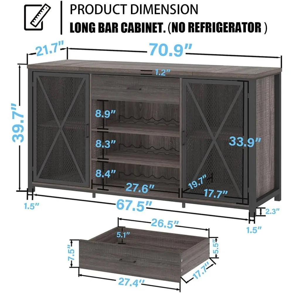 Rustic Metal and Wood Wine Cabinet With Storage Rack for Kitchen