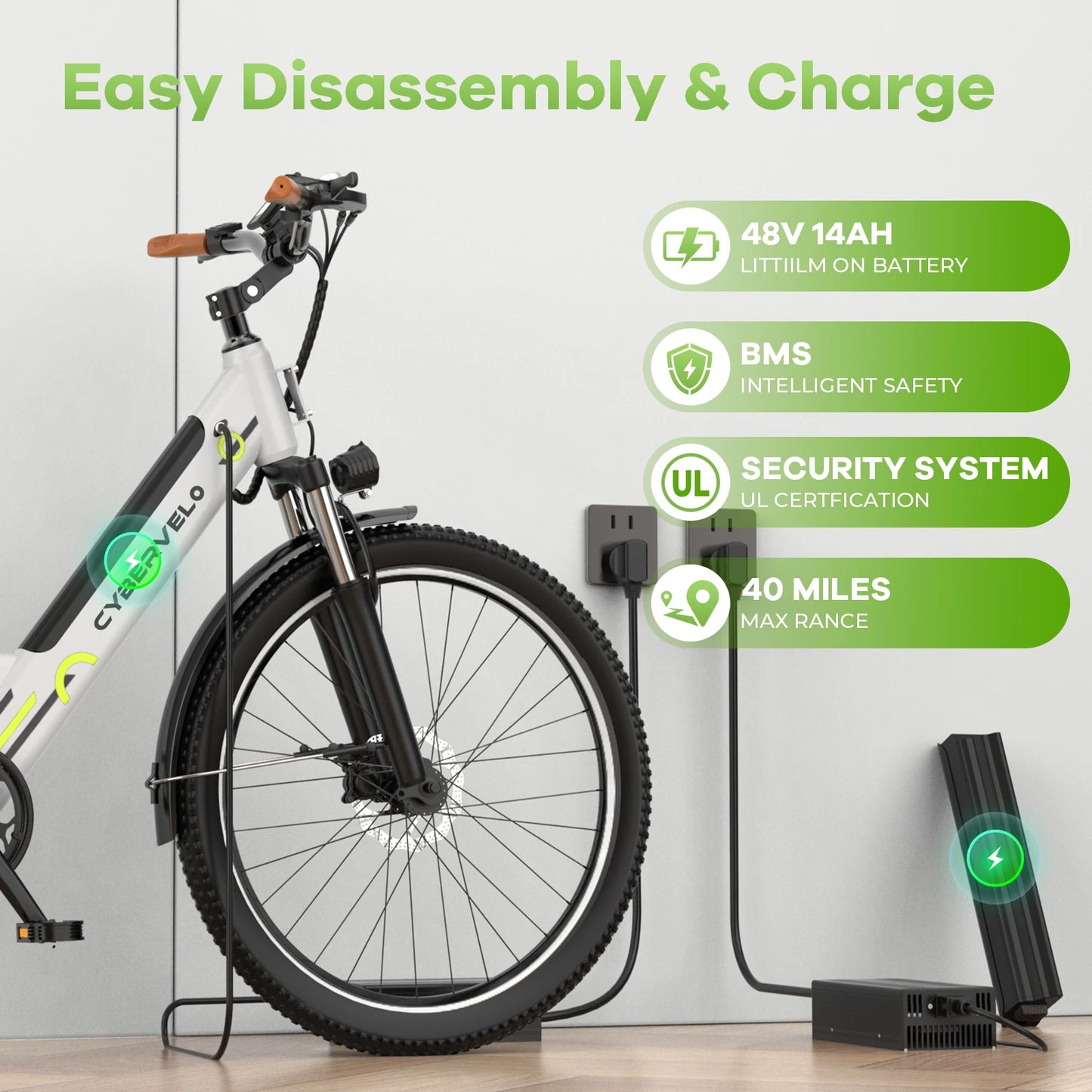 Cybervelo 1000W Peak Electric Bike 80 Mile Range