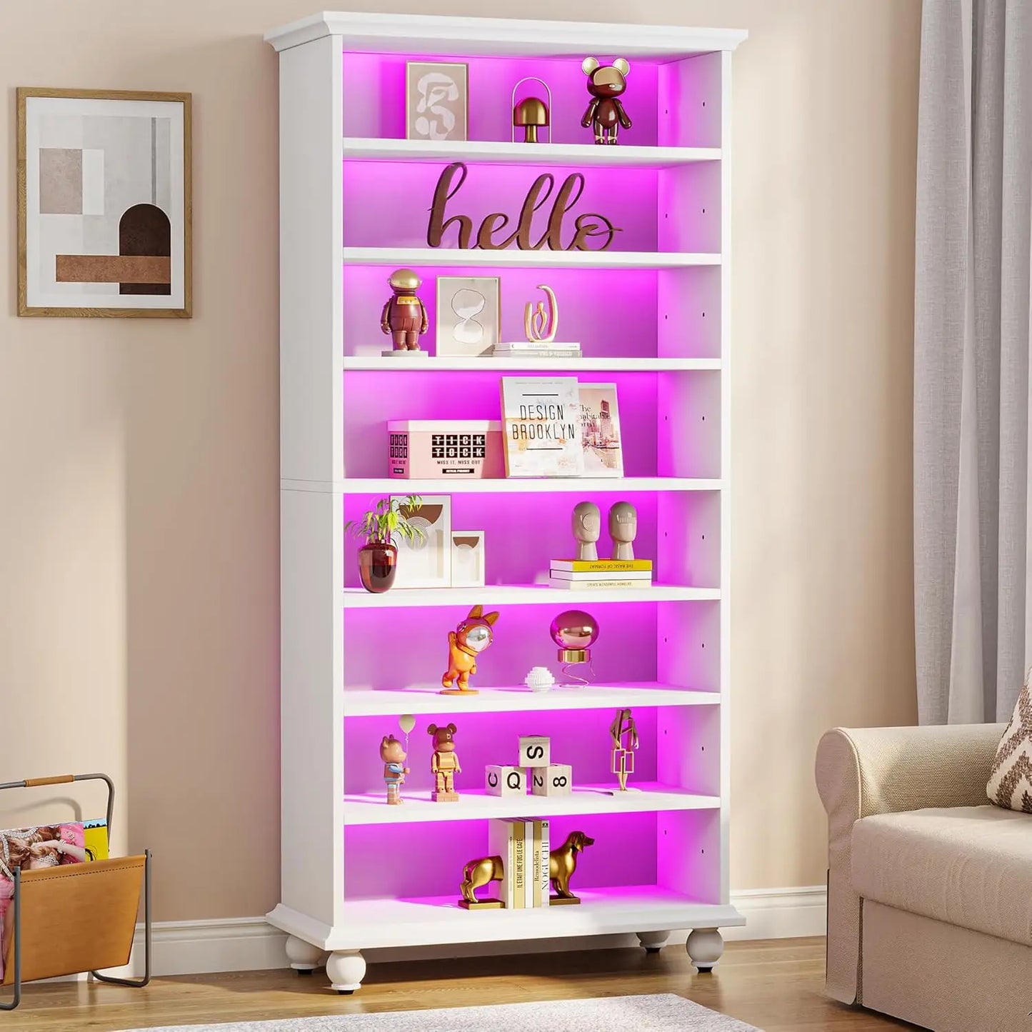 LITTLE TREE LED Bookcase With Solid Wood Legs Freestanding Display Shelf