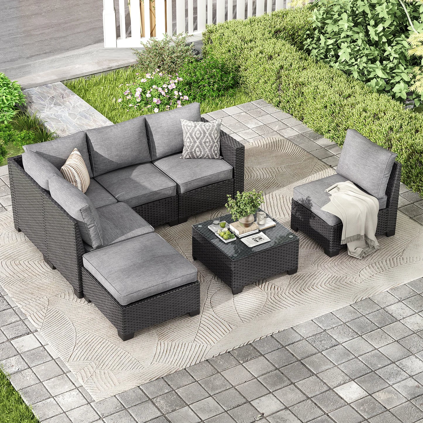 Patio Sectional Sofa Set With Ottoman Water Resistant Fabric