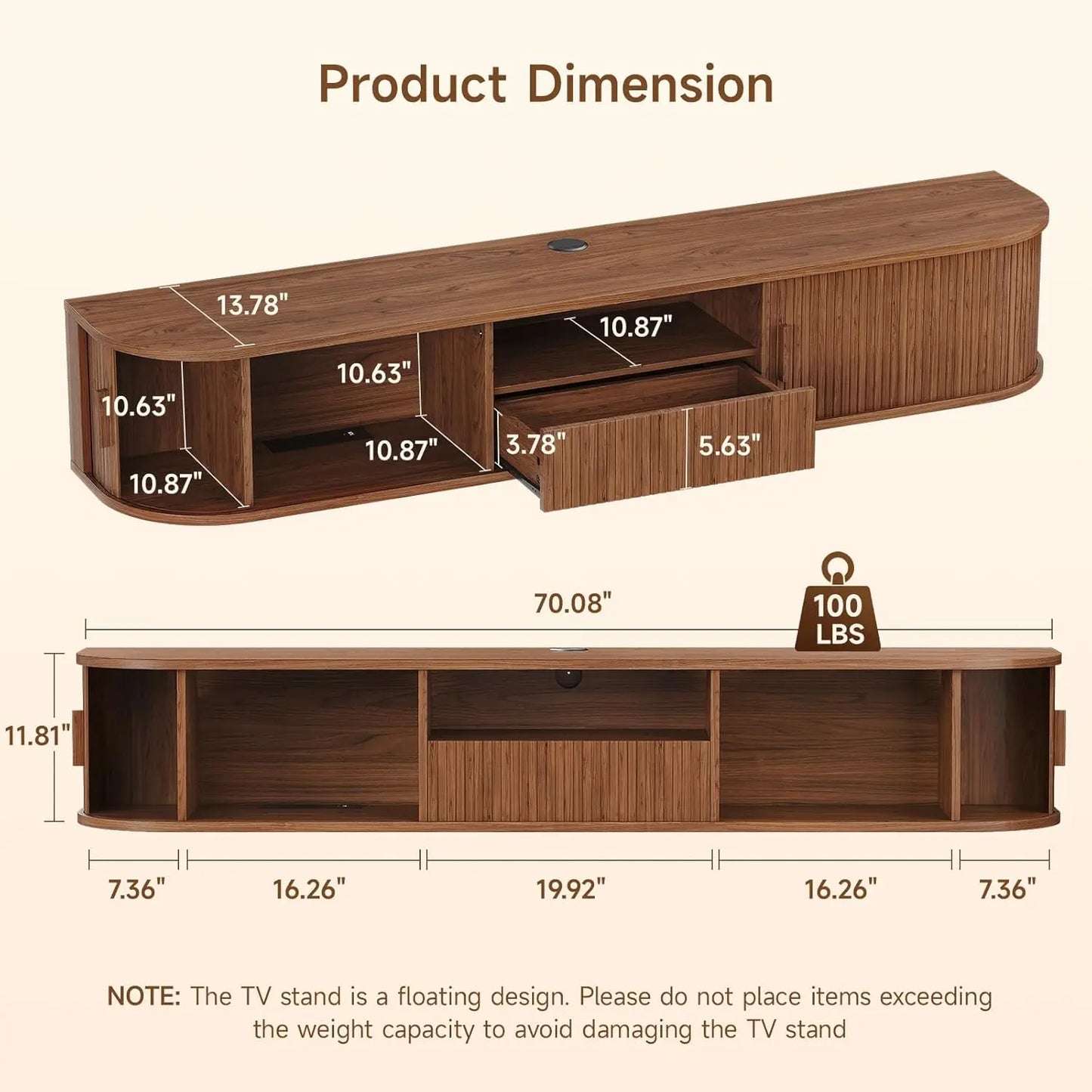 Onbrill 70 Inch Smart Floating TV Stand With Walnut Fluted Wood