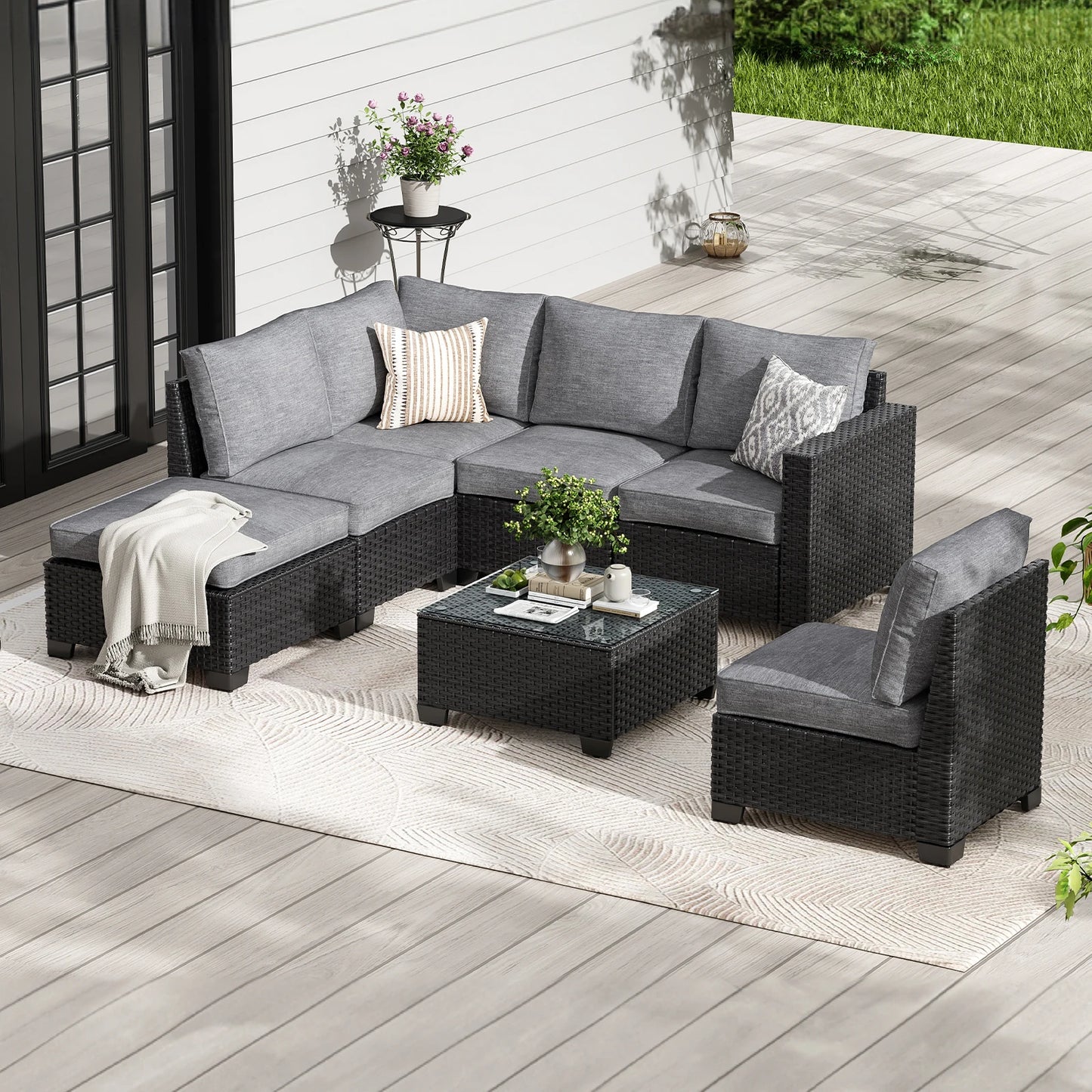 Patio Sectional Sofa Set With Ottoman, Water-Oil-Stain-Resistant Fabric