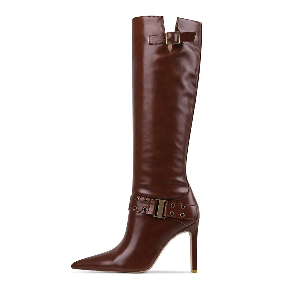 DoraTasia Pointed Toe High Heel Boots With Metal Decoration